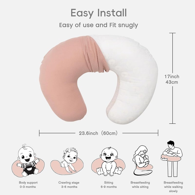 FUNUPUP 2 Pack Muslin Nursing Pillow Cover Compatible with Boppy Nursing Pillow, Soft Baby Nursing Covers for Breastfeeding Pillows for Boys Girls, Pink&Beige - Image 3